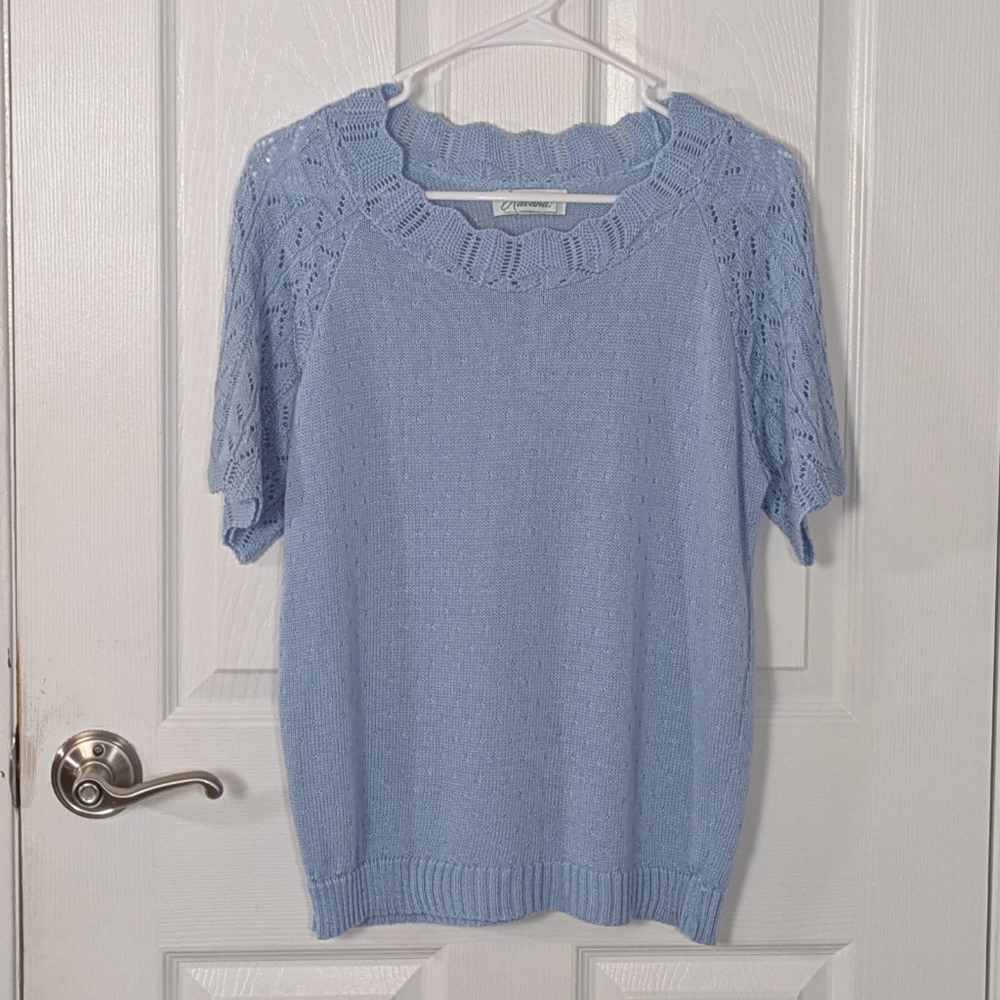 Vintage 80s‎ Haband Dainty Blue Knit Short Sleeve Scallop Neckline Sweater